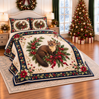 Ivory Pine Marten Christmas Wreath thin printed quilt with two matching pillow shams; complete-product design mockup with flat printed visual depth.