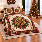 Golden Astrolabe Christmas Wreath thin printed quilt with two matching pillow shams; complete-product design mockup with flat printed visual depth.