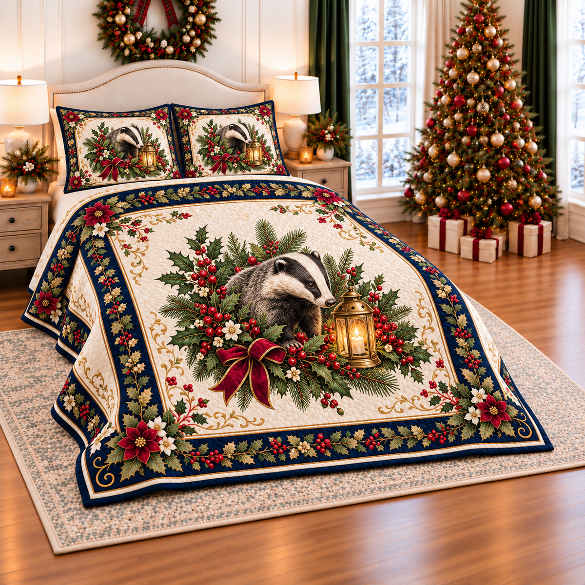 Ivory Badger Christmas Lantern thin printed quilt with two matching pillow shams; complete-product design mockup with flat printed visual depth.