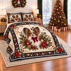 Ivory Papillon Christmas Bow thin printed quilt with two matching pillow shams; complete-product design mockup with flat printed visual depth.