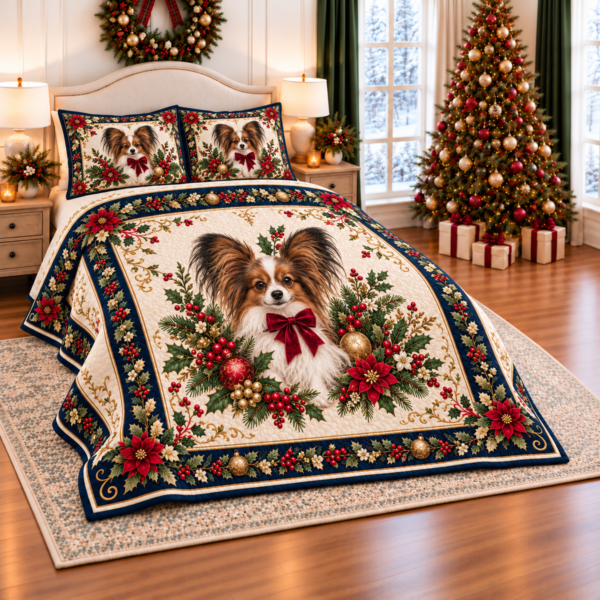 Ivory Papillon Christmas Bow thin printed quilt with two matching pillow shams; complete-product design mockup with flat printed visual depth.