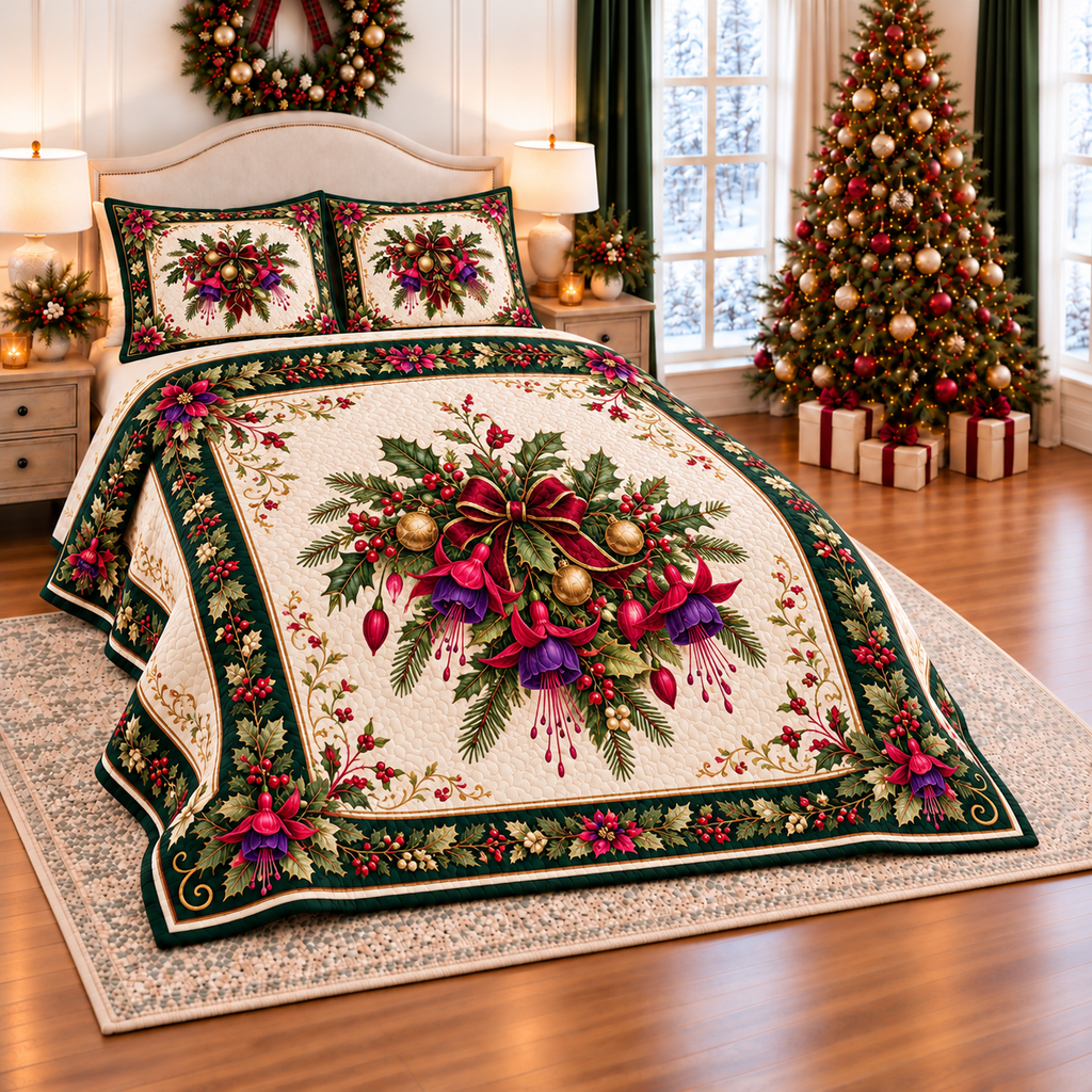 Ruby Fuchsia Christmas Bouquet thin printed quilt with two matching pillow shams; complete-product design mockup with flat printed visual depth.