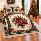 Ruby Fuchsia Christmas Bouquet thin printed quilt with two matching pillow shams; complete-product design mockup with flat printed visual depth.