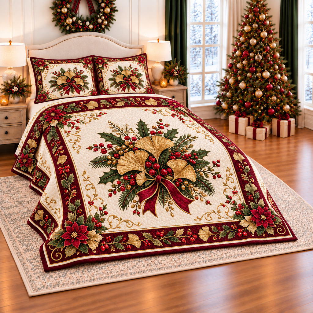 Golden Ginkgo Christmas Wreath thin printed quilt with two matching pillow shams; complete-product design mockup with flat printed visual depth.