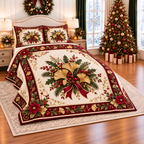 Golden Ginkgo Christmas Wreath thin printed quilt with two matching pillow shams; complete-product design mockup with flat printed visual depth.