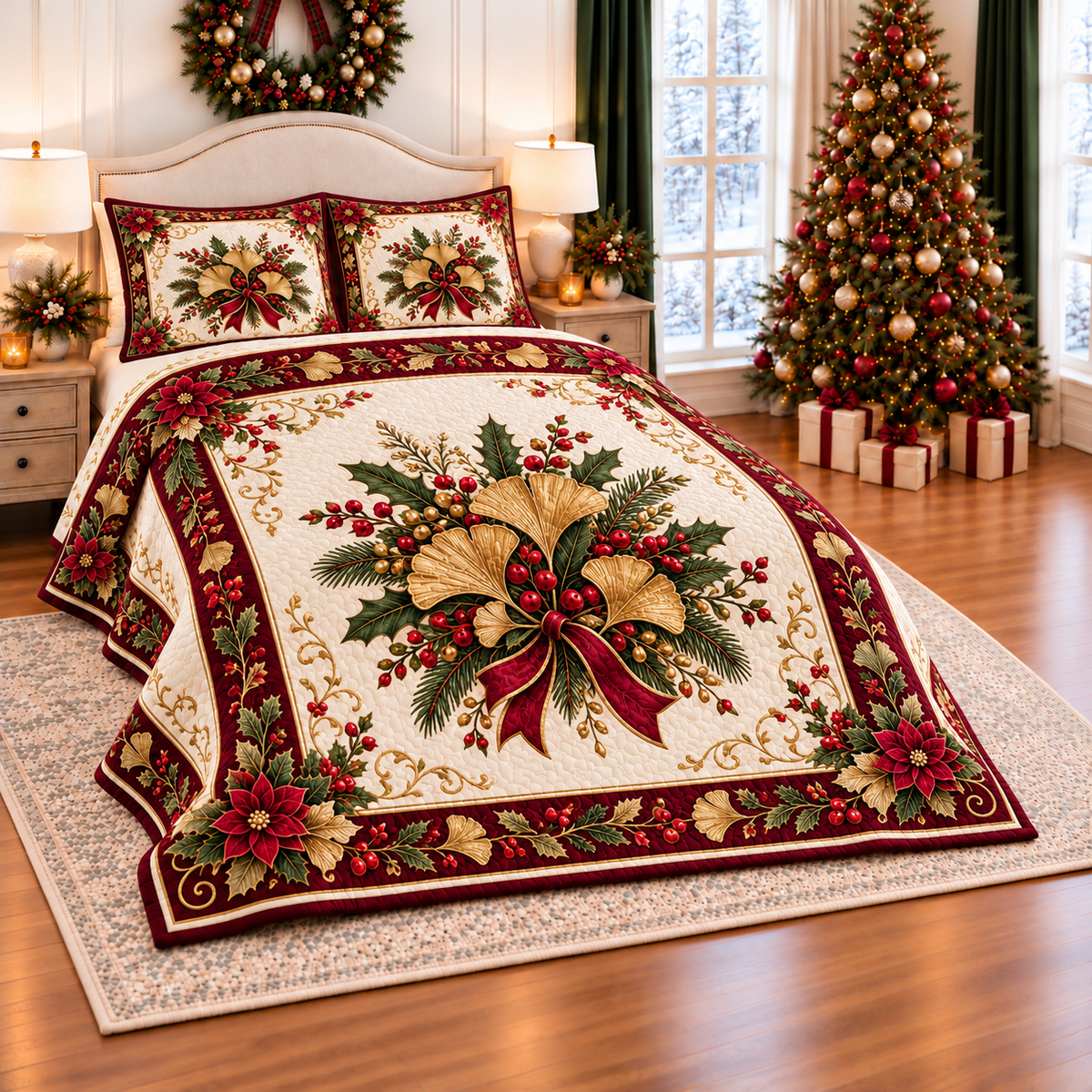 Golden Ginkgo Christmas Wreath thin printed quilt with two matching pillow shams; complete-product design mockup with flat printed visual depth.