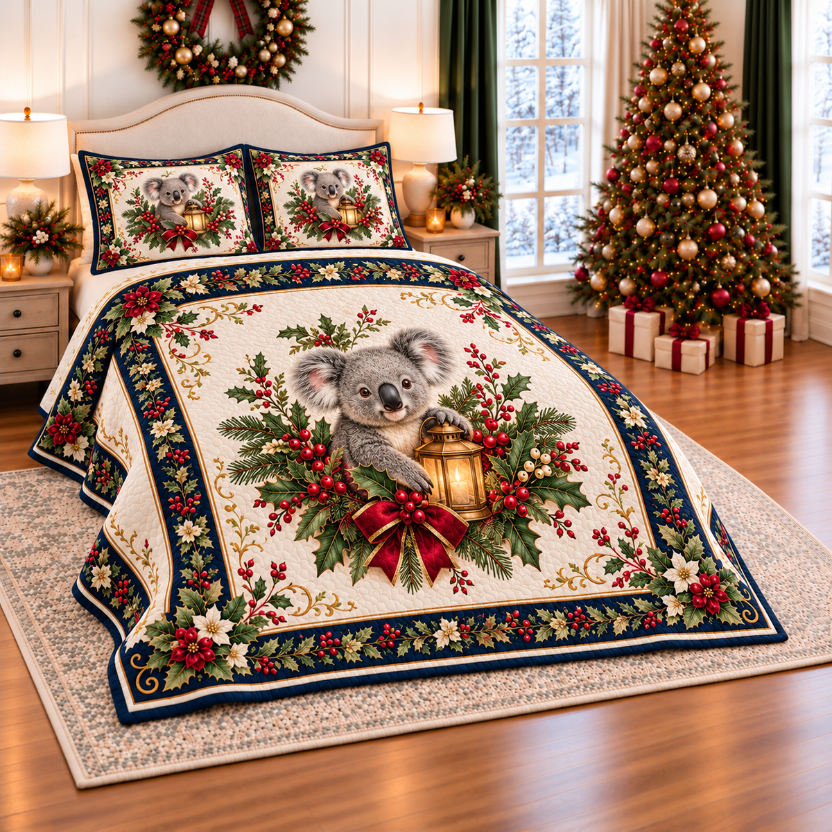 Ivory Koala Christmas Lantern thin printed quilt with two matching pillow shams; complete-product design mockup with flat printed visual depth.