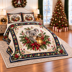 Ivory Koala Christmas Lantern thin printed quilt with two matching pillow shams; complete-product design mockup with flat printed visual depth.