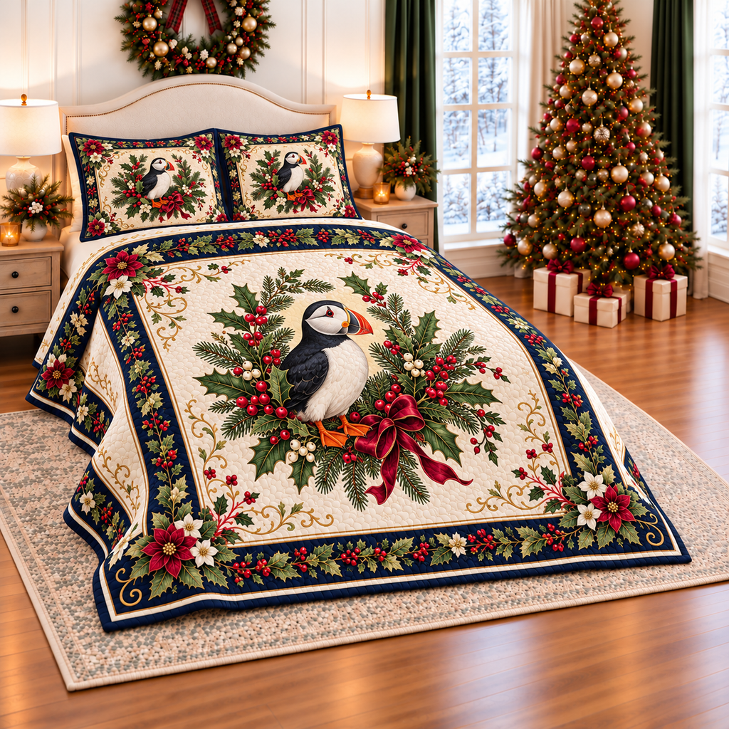 Ivory Puffin Christmas Wreath thin printed quilt with two matching pillow shams; complete-product design mockup with flat printed visual depth.