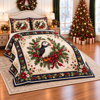 Ivory Puffin Christmas Wreath thin printed quilt with two matching pillow shams; complete-product design mockup with flat printed visual depth.