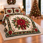 Ruby Dahlia Christmas Bouquet thin printed quilt with two matching pillow shams; complete-product design mockup with flat printed visual depth.