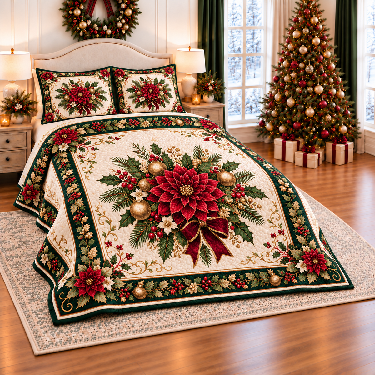 Ruby Dahlia Christmas Bouquet thin printed quilt with two matching pillow shams; complete-product design mockup with flat printed visual depth.