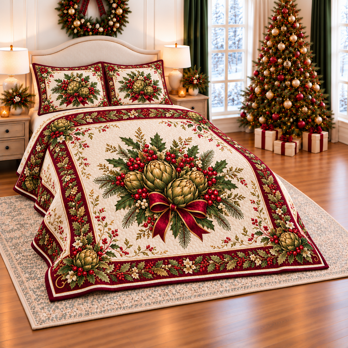 Golden Artichoke Christmas Bow thin printed quilt with two matching pillow shams; complete-product design mockup with flat printed visual depth.