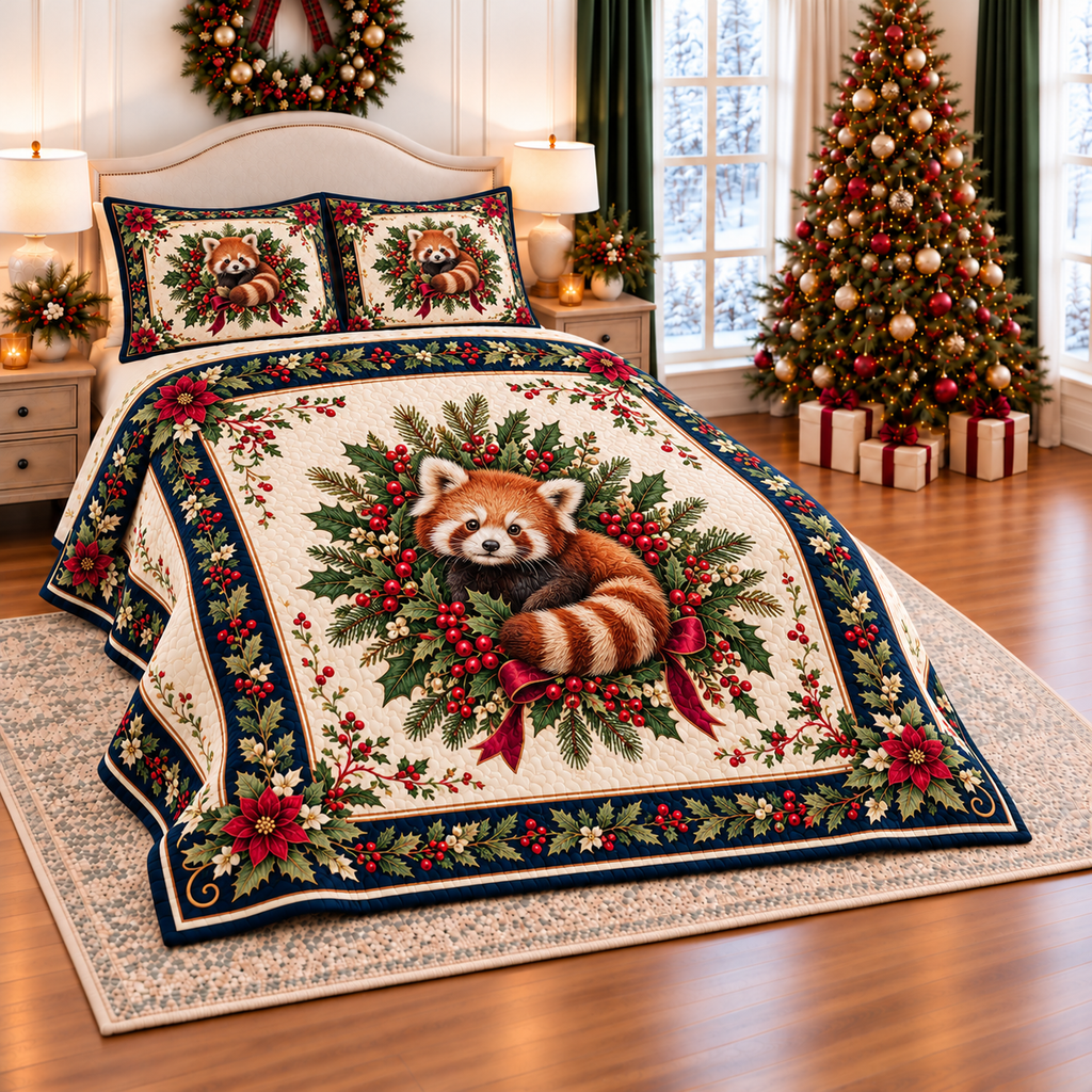 Ivory Red Panda Christmas Wreath thin printed quilt with two matching pillow shams; complete-product design mockup with flat printed visual depth.