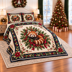 Ivory Red Panda Christmas Wreath thin printed quilt with two matching pillow shams; complete-product design mockup with flat printed visual depth.