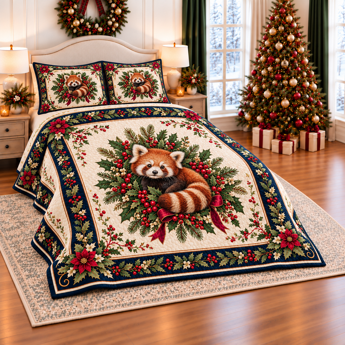 Ivory Red Panda Christmas Wreath thin printed quilt with two matching pillow shams; complete-product design mockup with flat printed visual depth.