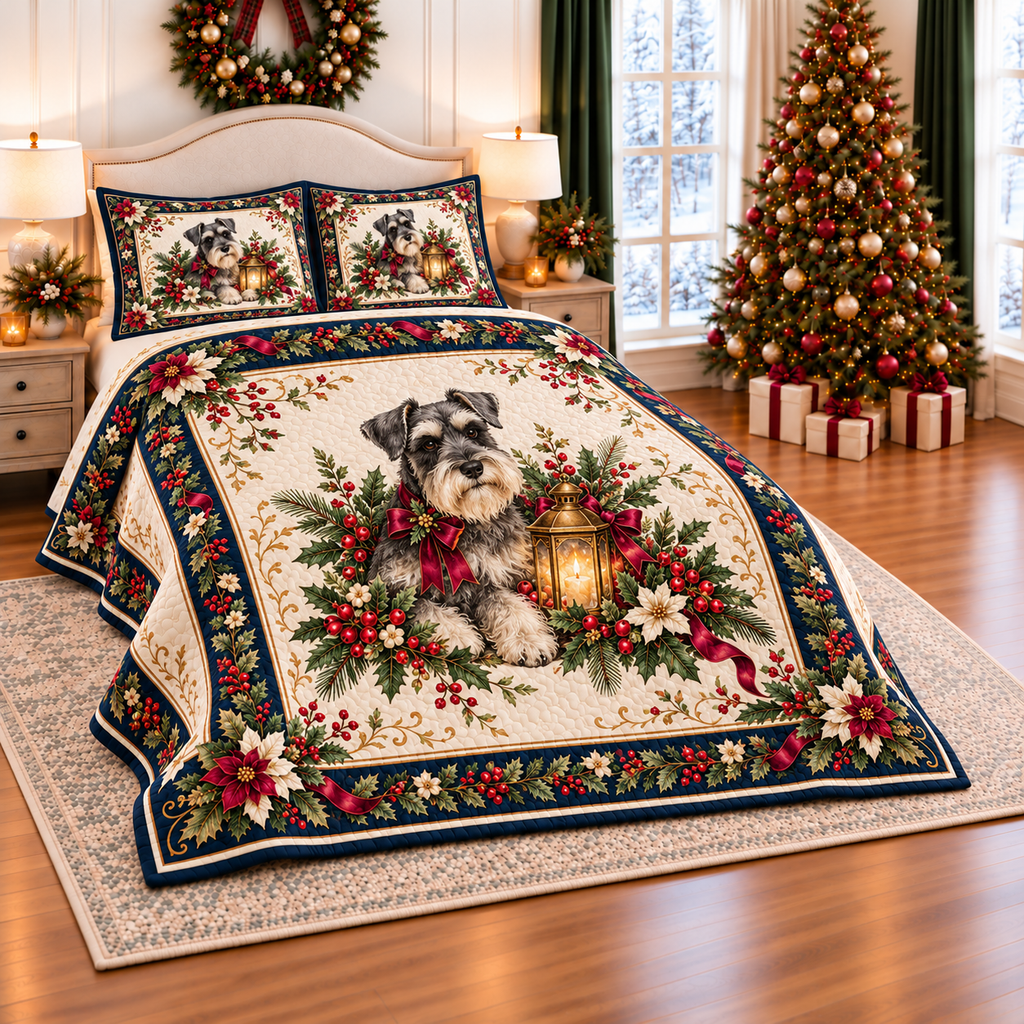 Ivory Schnauzer Christmas Lantern thin printed quilt with two matching pillow shams; complete-product design mockup with flat printed visual depth.