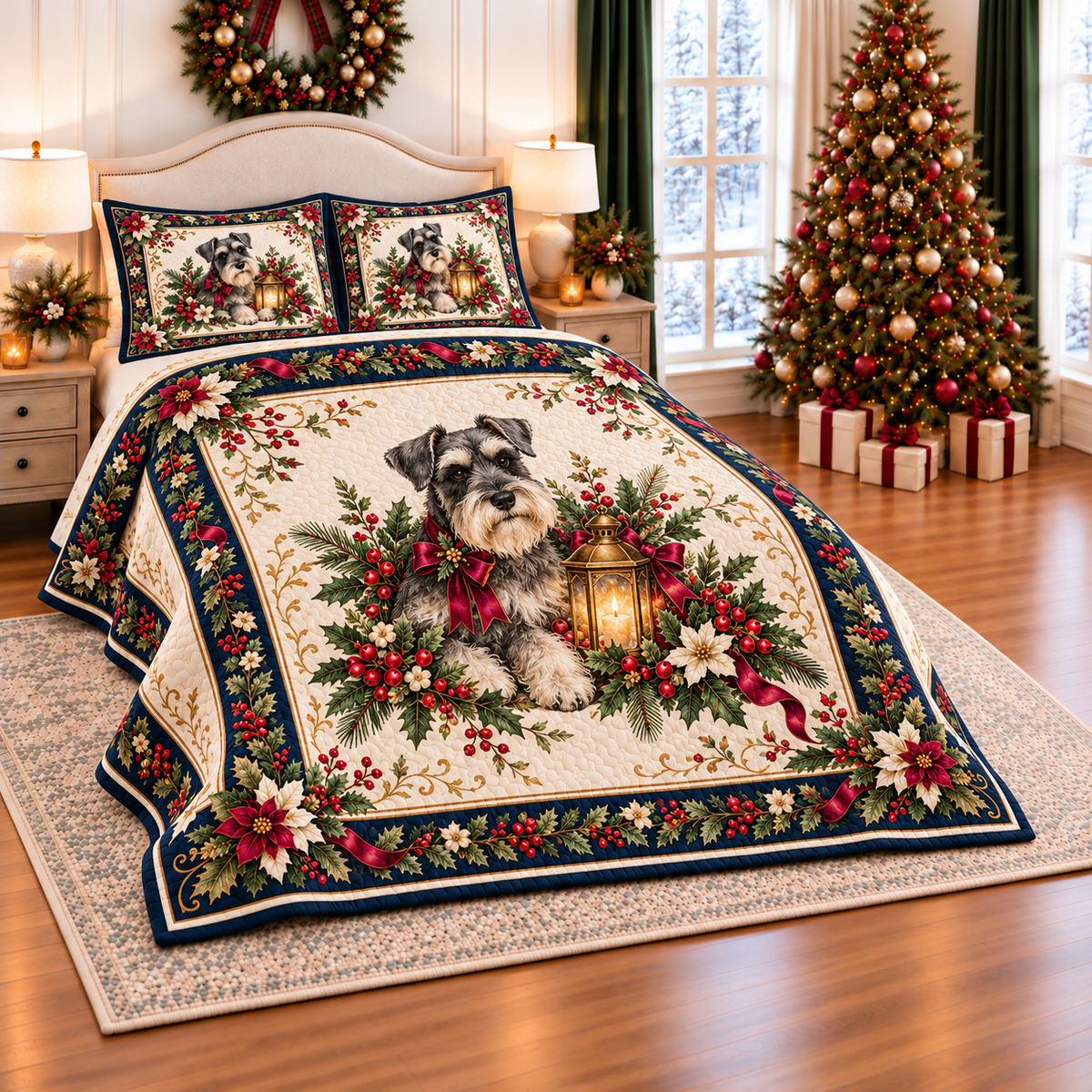 Ivory Schnauzer Christmas Lantern thin printed quilt with two matching pillow shams; complete-product design mockup with flat printed visual depth.