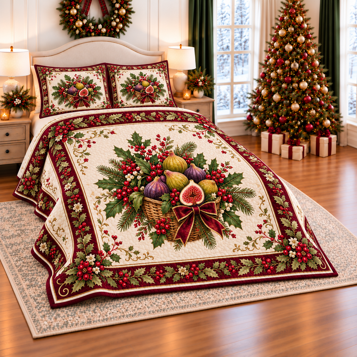 Golden Fig Christmas Basket thin printed quilt with two matching pillow shams; complete-product design mockup with flat printed visual depth.