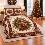 Golden Fig Christmas Basket thin printed quilt with two matching pillow shams; complete-product design mockup with flat printed visual depth.