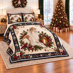 Ivory Borzoi Christmas Lantern thin printed quilt with two matching pillow shams; complete-product design mockup with flat printed visual depth.