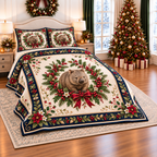 Ivory Wombat Christmas Wreath thin printed quilt with two matching pillow shams; complete-product design mockup with flat printed visual depth.
