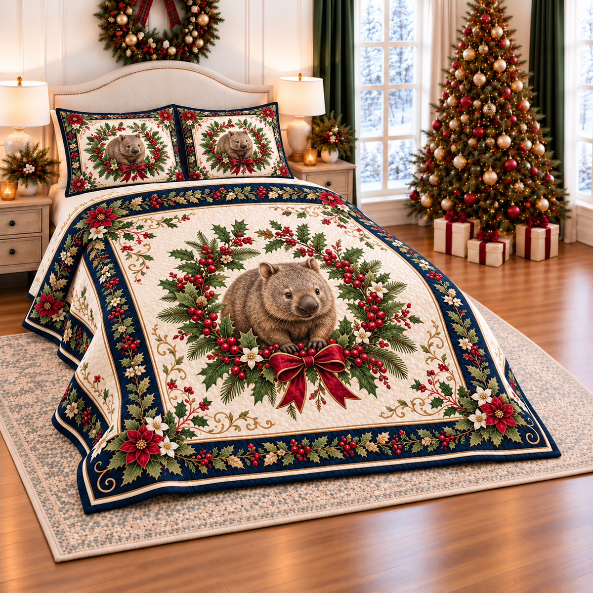 Ivory Wombat Christmas Wreath thin printed quilt with two matching pillow shams; complete-product design mockup with flat printed visual depth.