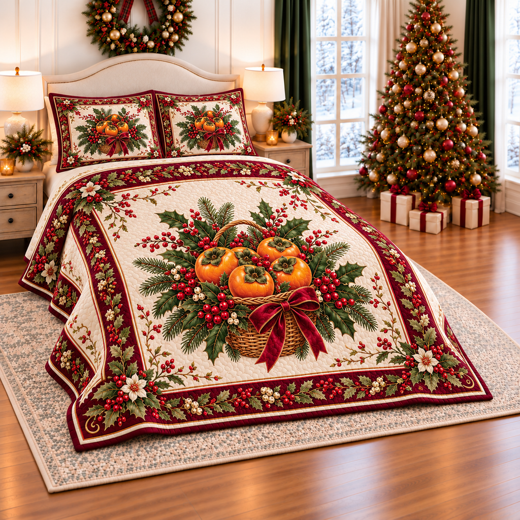 Golden Persimmon Christmas Basket thin printed quilt with two matching pillow shams; complete-product design mockup with flat printed visual depth.
