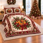 Golden Persimmon Christmas Basket thin printed quilt with two matching pillow shams; complete-product design mockup with flat printed visual depth.