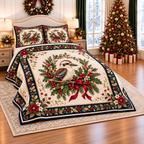 Ivory Kookaburra Christmas Wreath thin printed quilt with two matching pillow shams; complete-product design mockup with flat printed visual depth.
