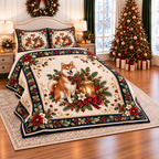 Ivory Shiba Inu Christmas Lantern thin printed quilt with two matching pillow shams; complete-product design mockup with flat printed visual depth.