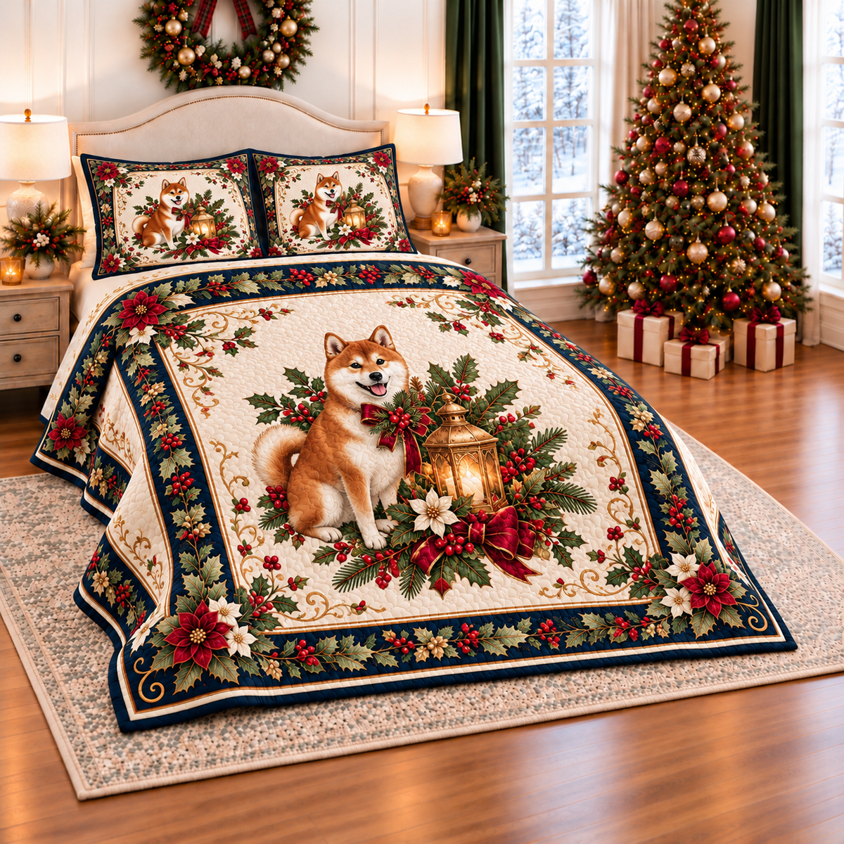 Ivory Shiba Inu Christmas Lantern thin printed quilt with two matching pillow shams; complete-product design mockup with flat printed visual depth.