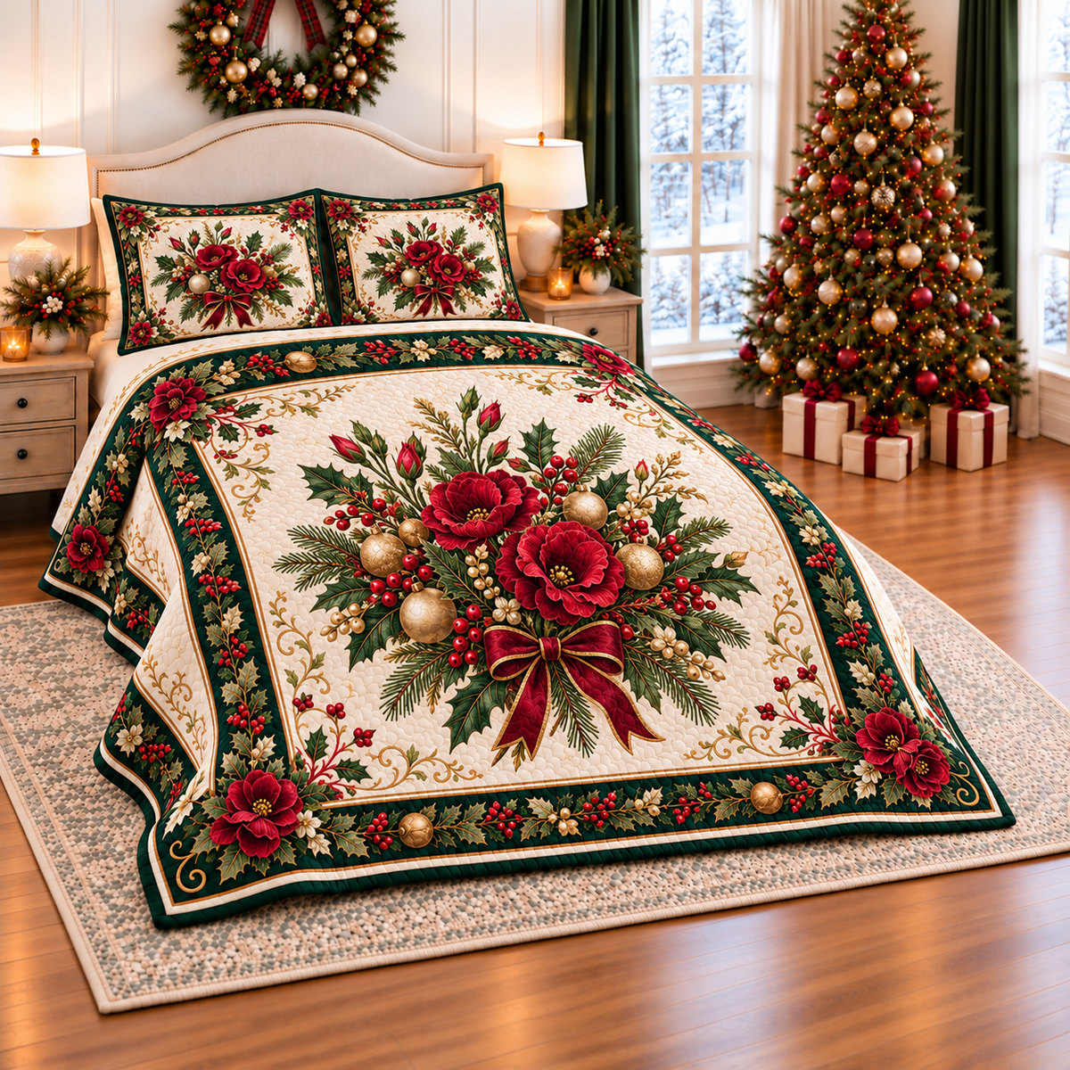 Ruby Lisianthus Christmas Bouquet thin printed quilt with two matching pillow shams; complete-product design mockup with flat printed visual depth.