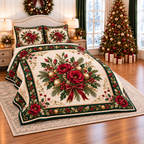 Ruby Lisianthus Christmas Bouquet thin printed quilt with two matching pillow shams; complete-product design mockup with flat printed visual depth.