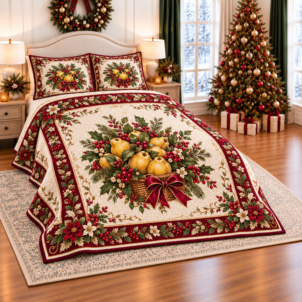 Golden Quince Christmas Basket thin printed quilt with two matching pillow shams; complete-product design mockup with flat printed visual depth.
