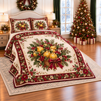 Golden Quince Christmas Basket thin printed quilt with two matching pillow shams; complete-product design mockup with flat printed visual depth.