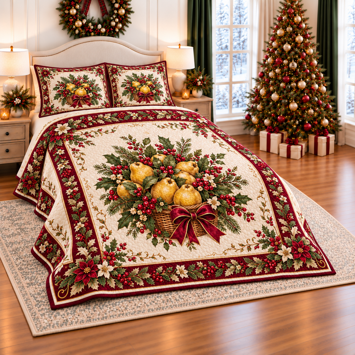 Golden Quince Christmas Basket thin printed quilt with two matching pillow shams; complete-product design mockup with flat printed visual depth.