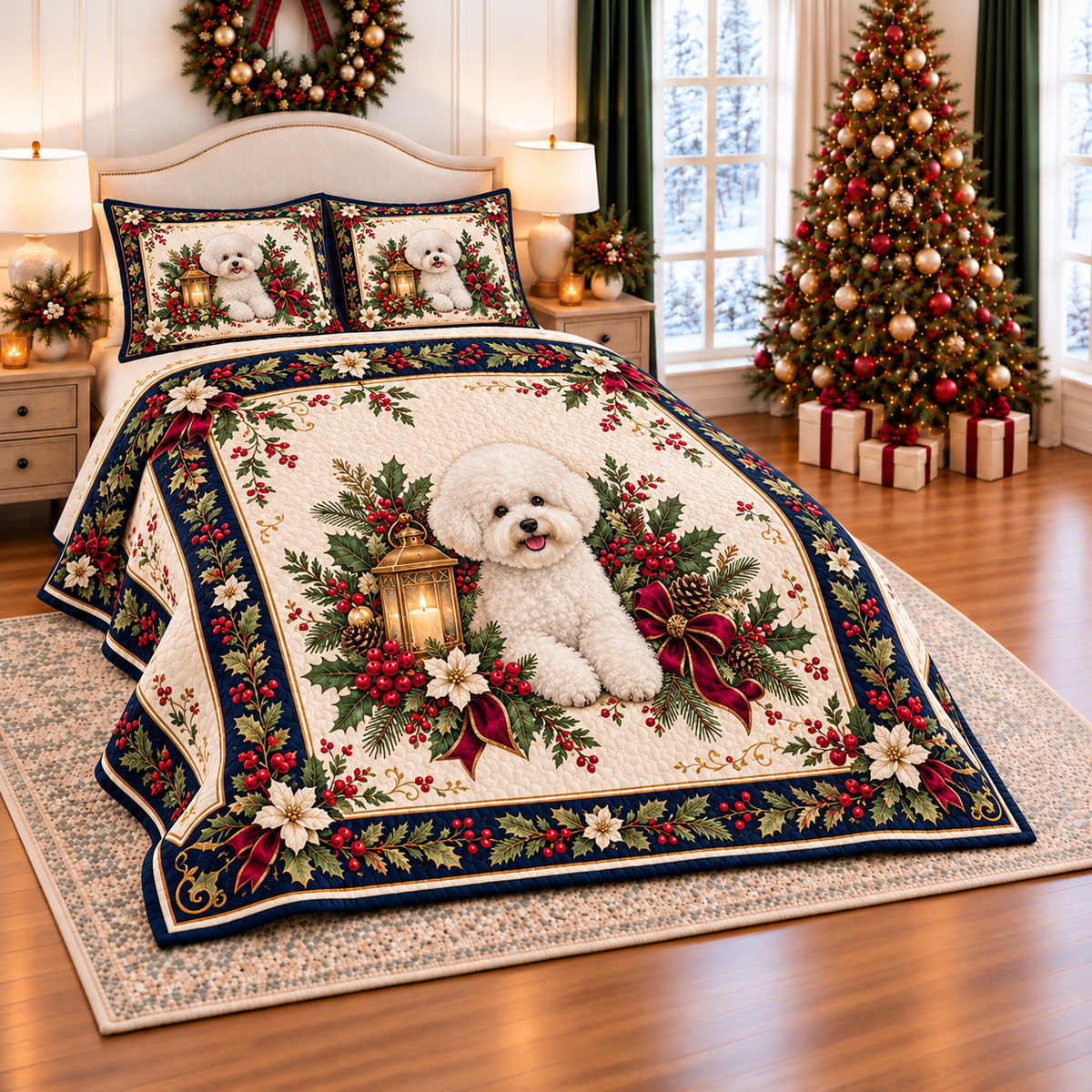 Ivory Bichon Christmas Lantern thin printed quilt with two matching pillow shams; complete-product design mockup with flat printed visual depth.