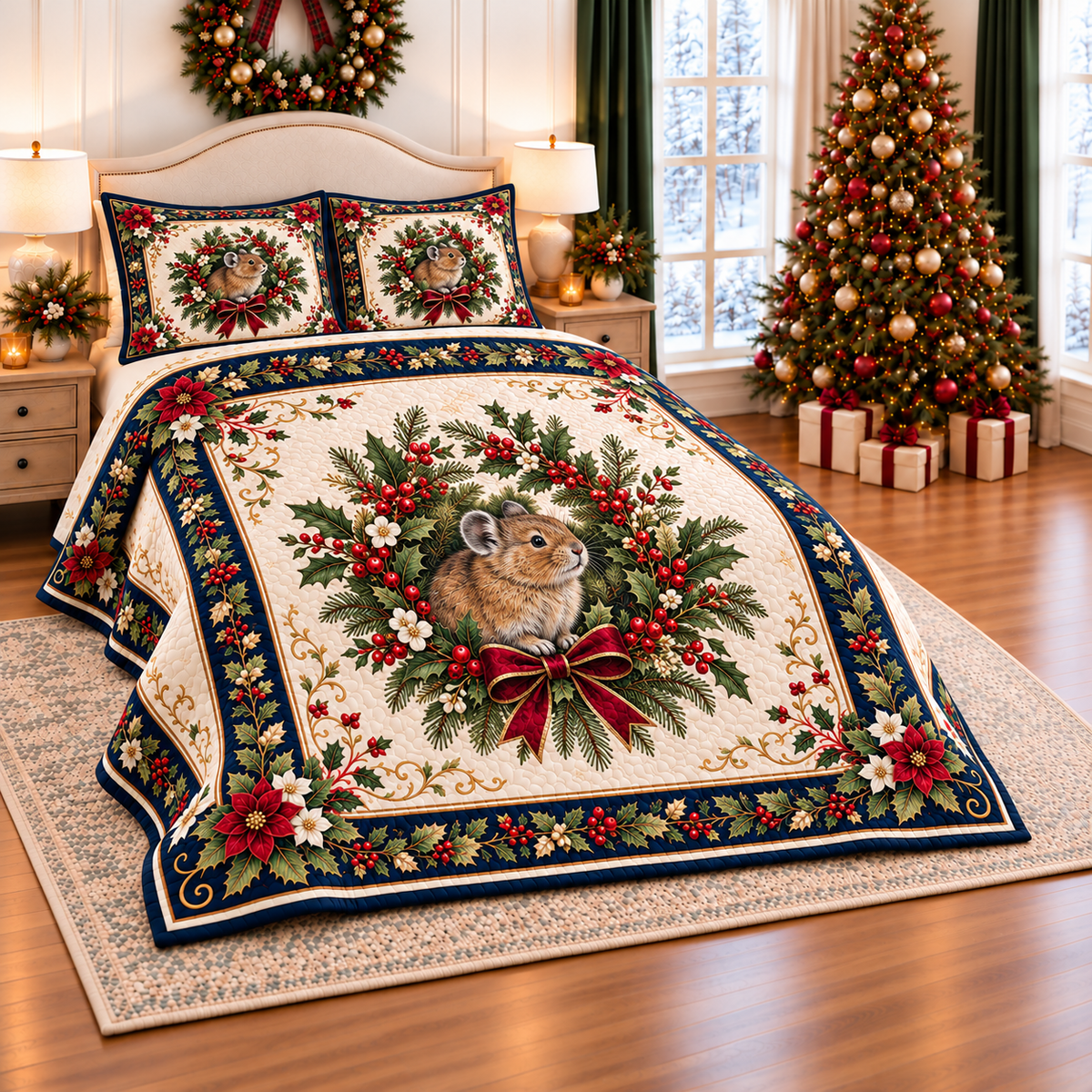 Ivory Pika Christmas Wreath thin printed quilt with two matching pillow shams; complete-product design mockup with flat printed visual depth.