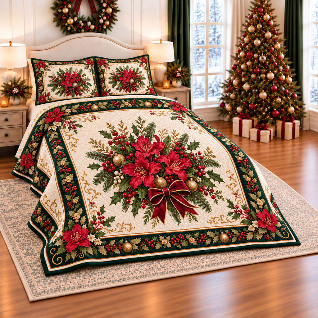 Ruby Azalea Christmas Bouquet thin printed quilt with two matching pillow shams; complete-product design mockup with flat printed visual depth.