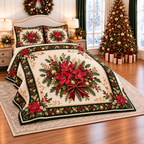 Ruby Azalea Christmas Bouquet thin printed quilt with two matching pillow shams; complete-product design mockup with flat printed visual depth.