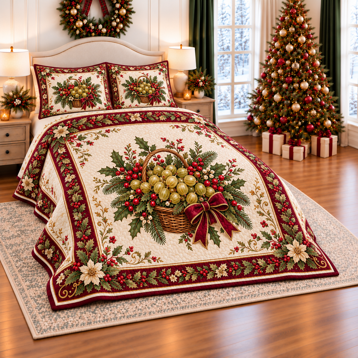 Golden Gooseberry Christmas Basket thin printed quilt with two matching pillow shams; complete-product design mockup with flat printed visual depth.