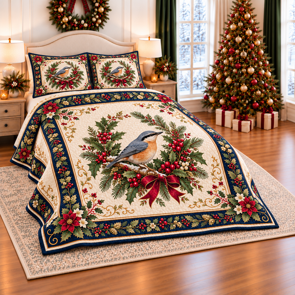 Ivory Nuthatch Christmas Wreath thin printed quilt with two matching pillow shams; complete-product design mockup with flat printed visual depth.