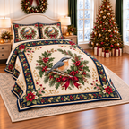 Ivory Nuthatch Christmas Wreath thin printed quilt with two matching pillow shams; complete-product design mockup with flat printed visual depth.