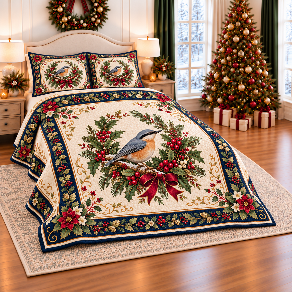 Ivory Nuthatch Christmas Wreath thin printed quilt with two matching pillow shams; complete-product design mockup with flat printed visual depth.