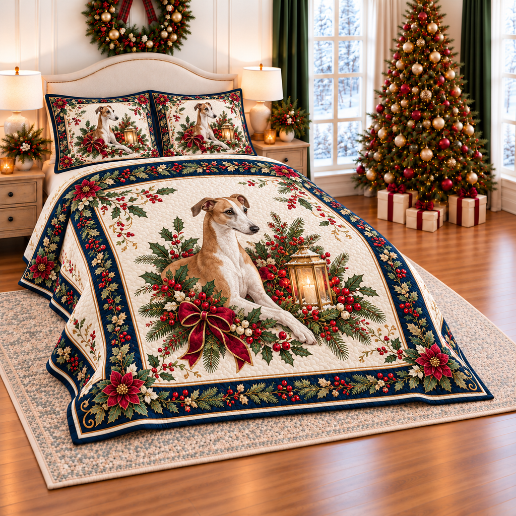 Ivory Whippet Christmas Lantern thin printed quilt with two matching pillow shams; complete-product design mockup with flat printed visual depth.