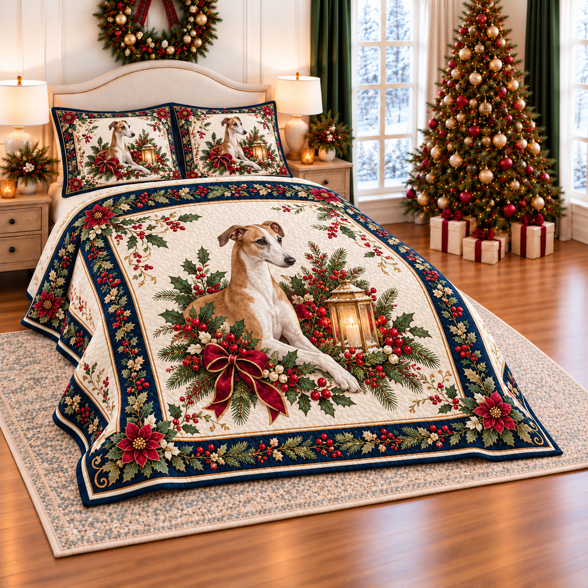 Ivory Whippet Christmas Lantern thin printed quilt with two matching pillow shams; complete-product design mockup with flat printed visual depth.