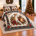 Ivory Whippet Christmas Lantern thin printed quilt with two matching pillow shams; complete-product design mockup with flat printed visual depth.