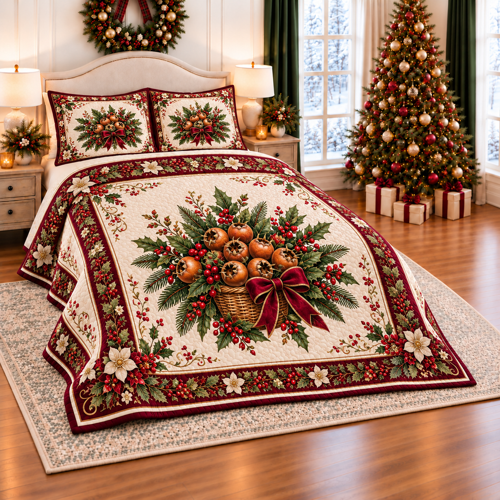 Golden Medlar Christmas Basket thin printed quilt with two matching pillow shams; complete-product design mockup with flat printed visual depth.