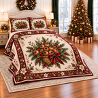 Golden Medlar Christmas Basket thin printed quilt with two matching pillow shams; complete-product design mockup with flat printed visual depth.